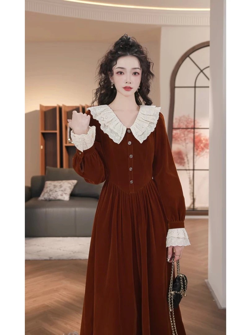 WWR 米粒-秋冬新款高腰设计感焦糖色显瘦连衣裙-B9119K