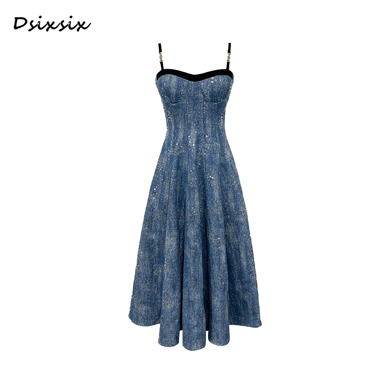 依漾自制-【人鱼泪】秋季新款显瘦收腰吊带连衣裙-3N640Q