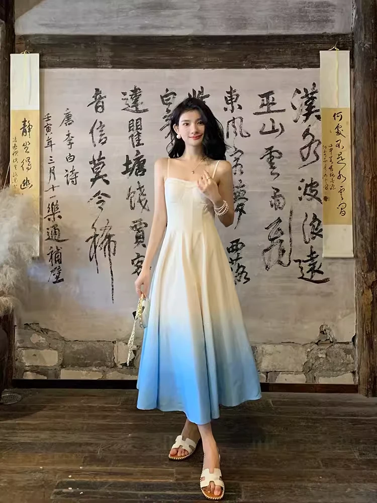 依漾自制-【海上明月】新款显瘦收腰设计感连衣裙-B6164K