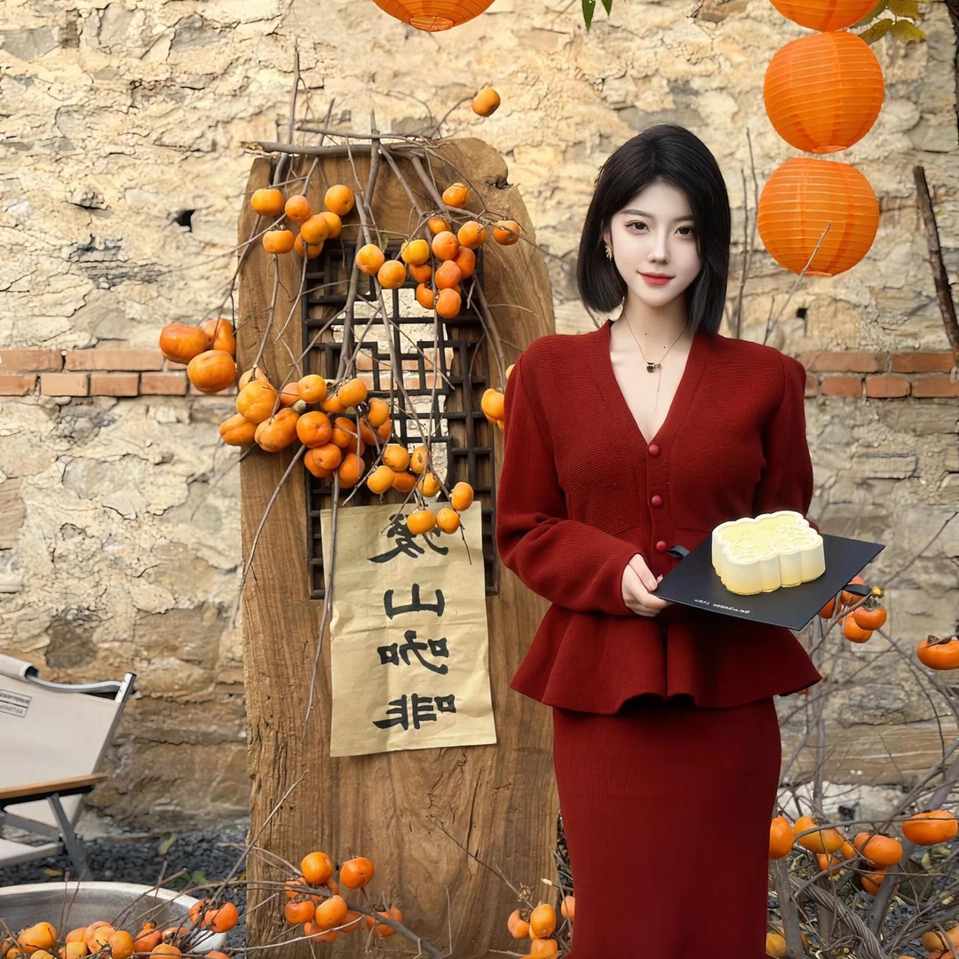 秋冬新款女装气质名媛红色V领荷叶边时尚套装小香风针织毛衣包裙