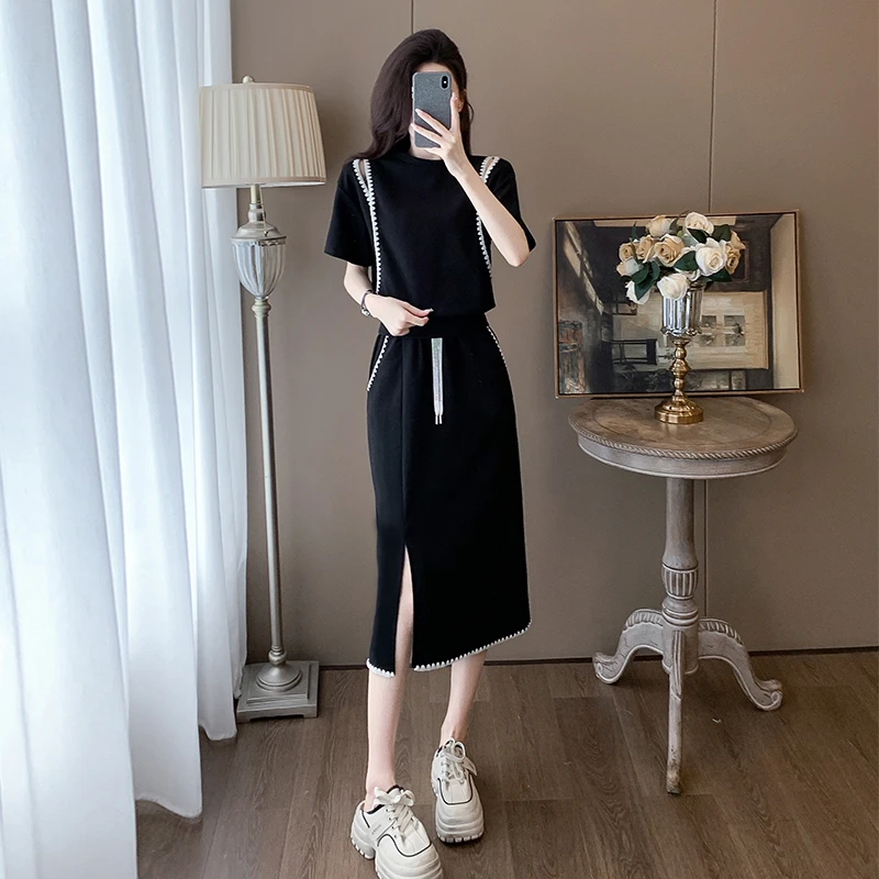 欧货高级感黑色时尚休闲运动裙套装夏季露肩气质短袖半身裙两件套