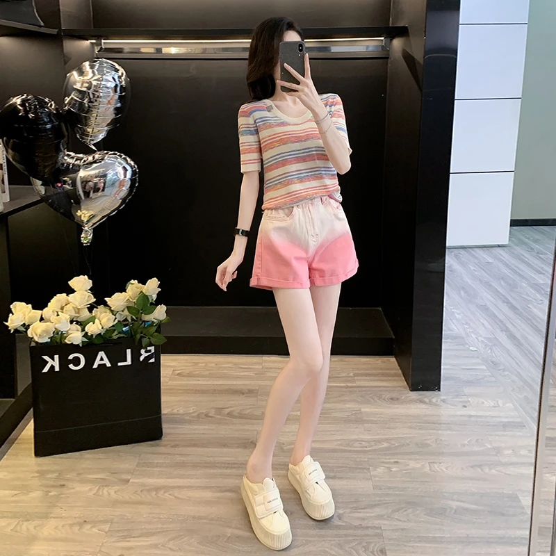 洋气减龄时尚休闲运动套装女夏季新款条纹针织衫扎染短裤两件套潮