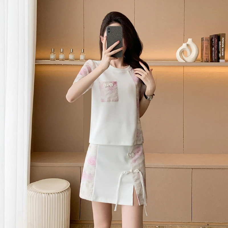 新中式国风时尚休闲套装女夏季新款显瘦气质减龄短袖半身裙两件套