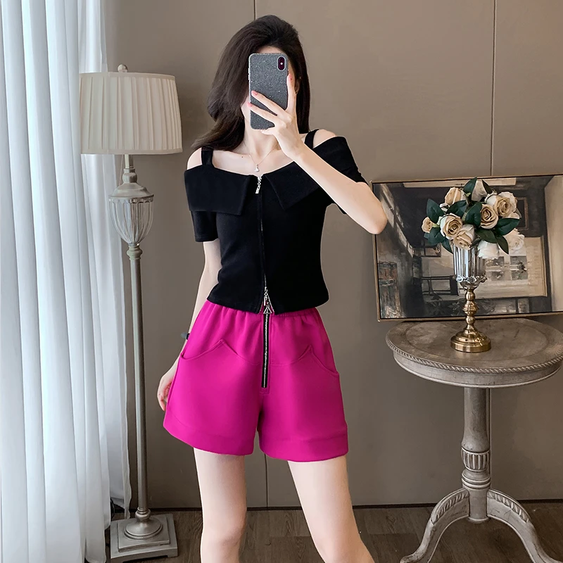 设计感时尚休闲运动套装女夏季韩系露肩上衣小个子阔腿短裤两件套