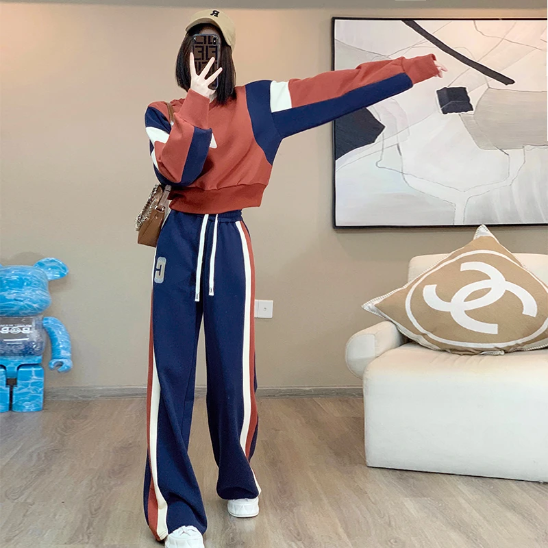 网红休闲运动服套装女春秋炸街高级拼色时尚减龄宽松加绒两件套潮