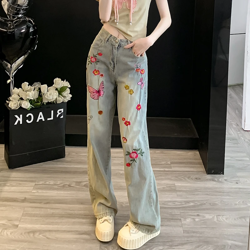 蝴蝶花朵高腰显瘦窄版直筒牛仔裤女春夏季休闲时尚百搭刺绣拖地裤