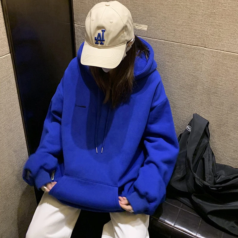 2023秋冬新款网红爆款蓝色连帽卫衣女美式宽松小个子加绒上衣潮