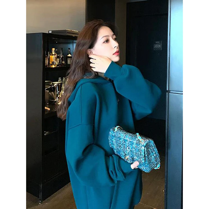 欧美孔雀蓝卫衣女秋冬慵懒风新款宽松大版加绒加厚爆款连帽外套