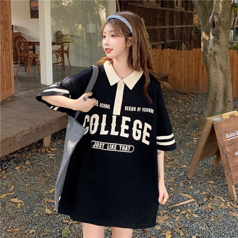 胖mm显瘦夏装ins潮牌中长款polo领宽松印花短袖学院风T恤上衣服