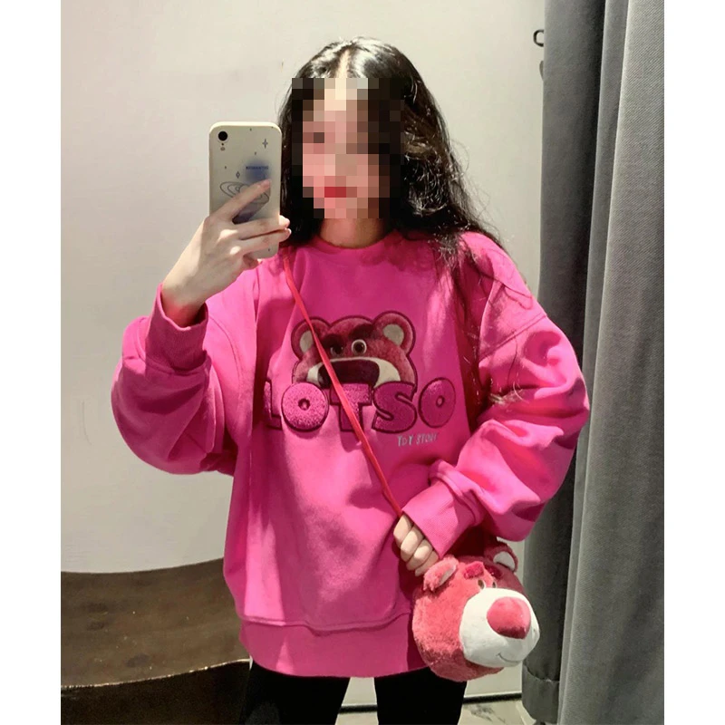 玫红色草莓熊卫衣女2023新款春秋薄款宽松遮臀洋气美式加绒外套潮
