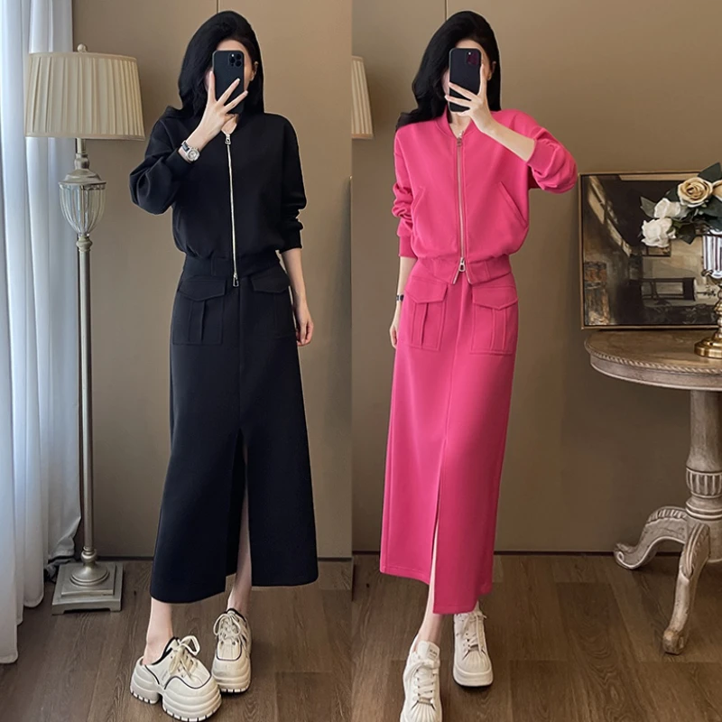 欧货高级感气质休闲运动套装女秋季新款黑色外套上衣半身裙两件套