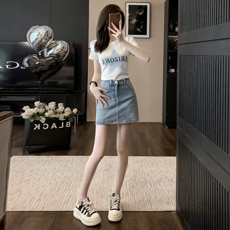 潮流时尚休闲牛仔短裙套装女小个子夏季新款短袖T恤防走光两件套