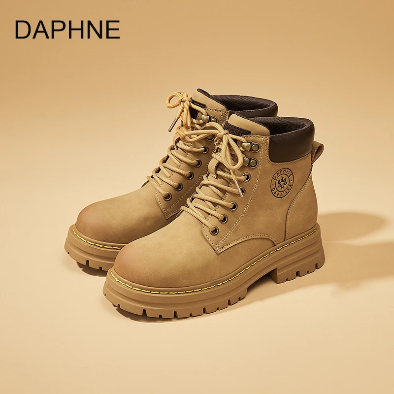 Daphne/达芙妮时尚舒适马丁靴2025春季新款百搭系带复古ins大黄靴