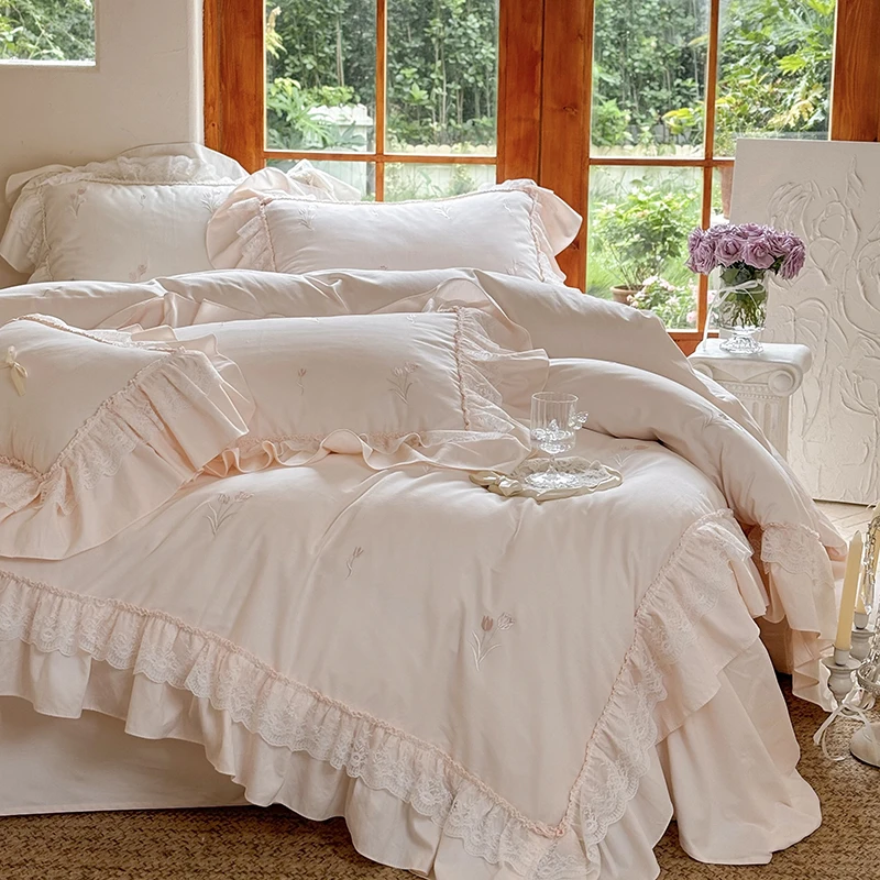 【香姐姐】法式浪漫花边120支长绒棉四件套纯棉磨毛被套公主风床品