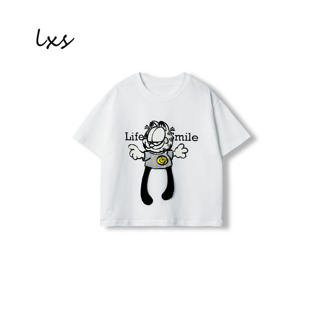 鹿小生童装现货儿童夏季男童白色百搭卡通趣味宽松圆领短袖C88253