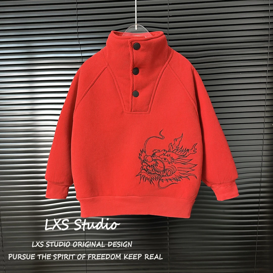 舅舅严选3号店儿童冬季加绒红色年货款国潮卫衣喜庆立领 L9202023