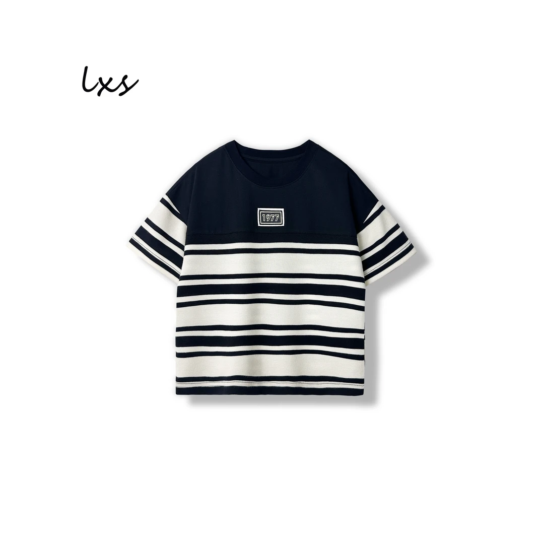鹿小生童装儿童夏季1977百搭时尚黑白条纹宽松圆领短袖T恤 C88210