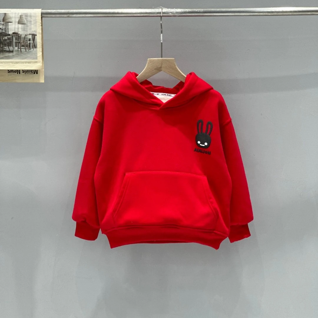 舅舅严选3号店童装冬季新款儿童卡通印花加绒红色连帽卫衣202203