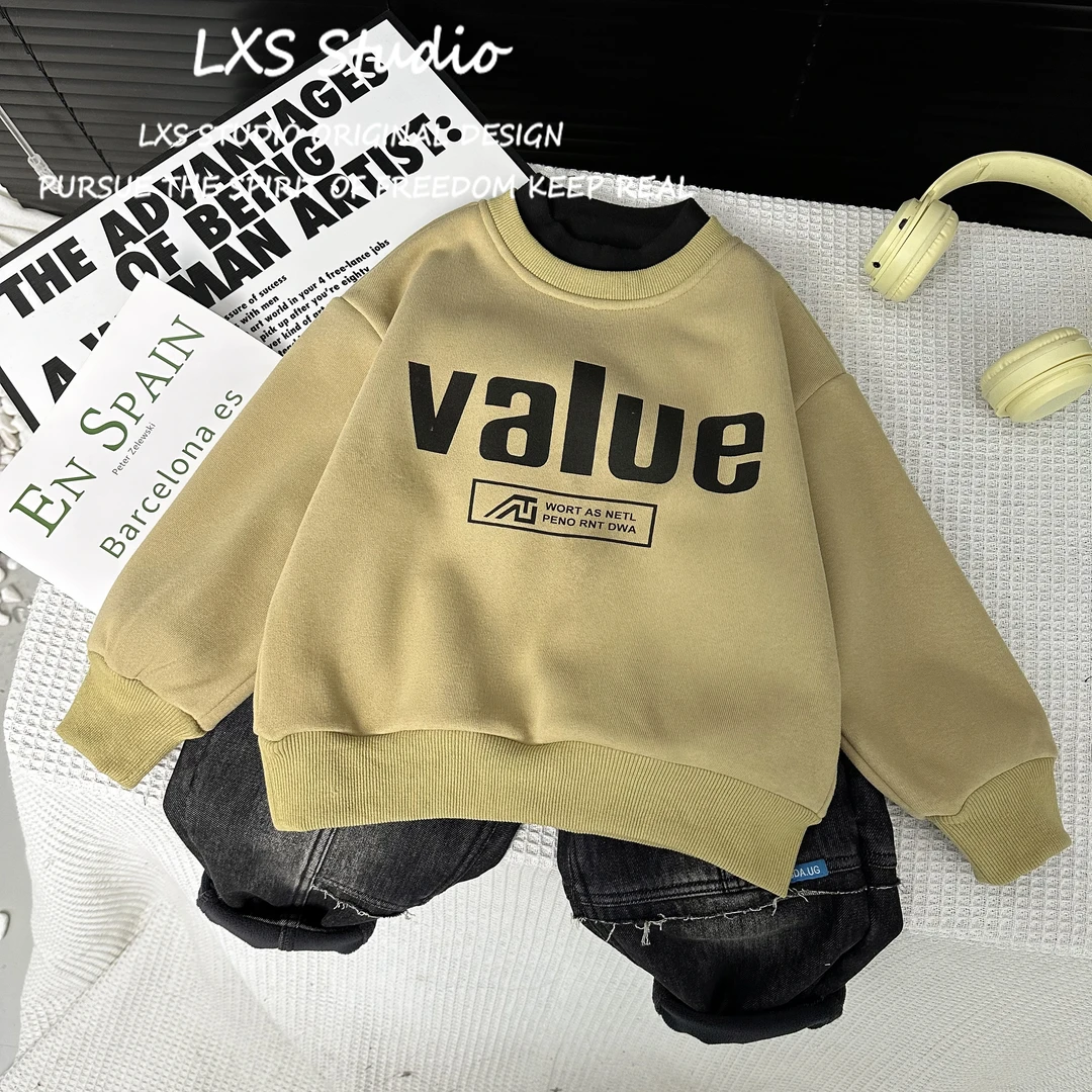 舅舅3号店童装儿童男童冬季加绒时尚百搭圆领套头卫衣 L8592023