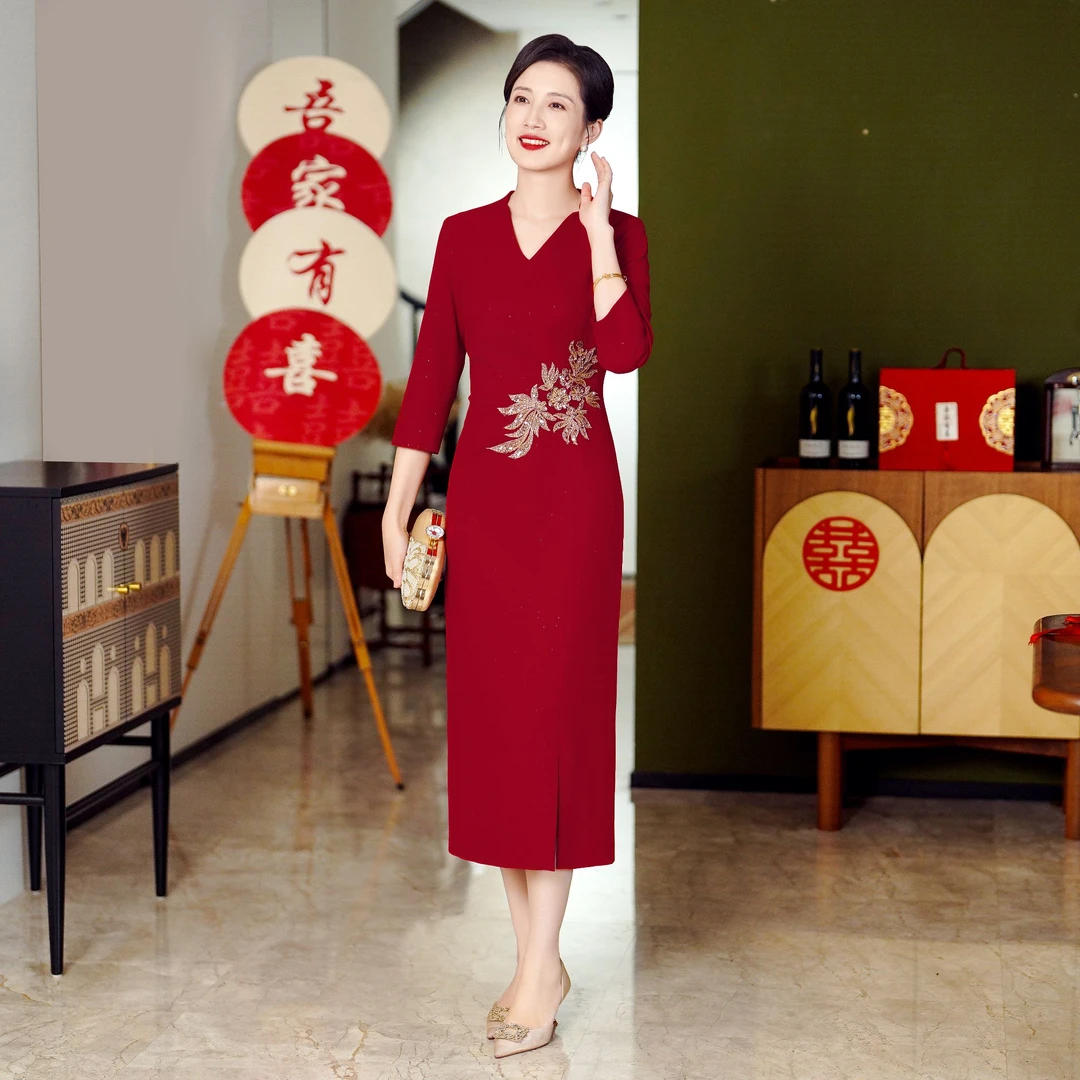 55430喜婆婆婚宴装婚礼妈妈中式礼服女春装高贵丈母娘旗袍连衣裙