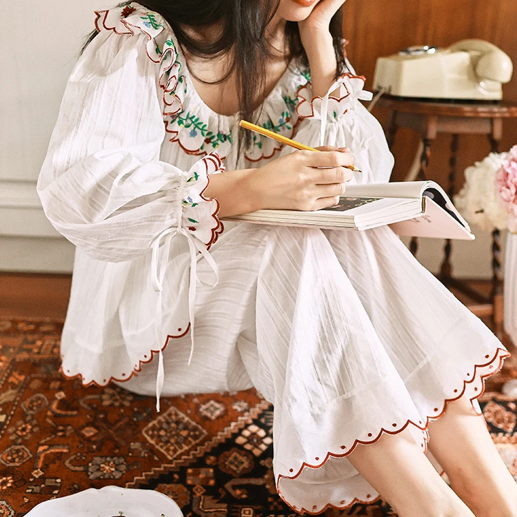 韦雪同款睡衣-秋季新品高支棉布提花刺绣可爱少女家居服套装