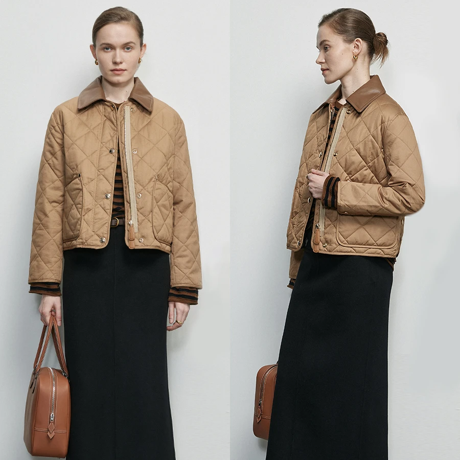 YUJIE  小羊皮翻领 菱格高级感百搭休闲时尚菱格棉服外套 WT038