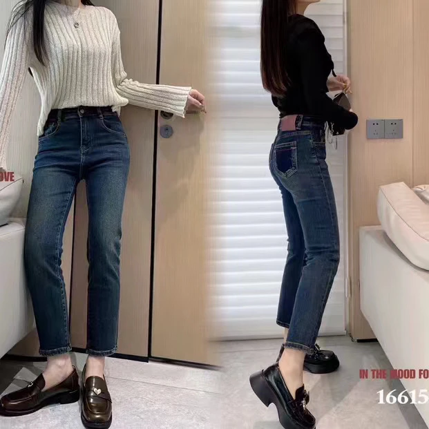 16615 秋季显瘦简约百搭怀旧蓝烟管裤