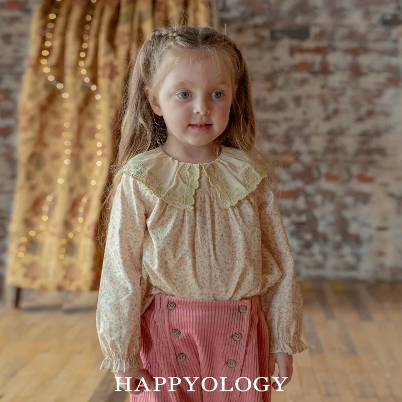 Happyology英国童装上衣新款儿童纯棉娃娃领衬衫春秋女童长袖衬衣
