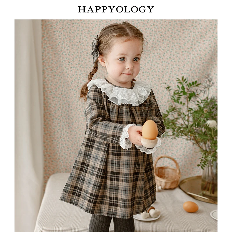 英国儿童连衣裙秋装格纹套装女童花边领长袖套装裙