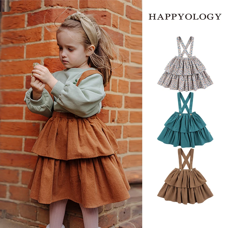 Happyology英国儿童春秋双层花布蛋糕裙女童半裙童装背带裙子