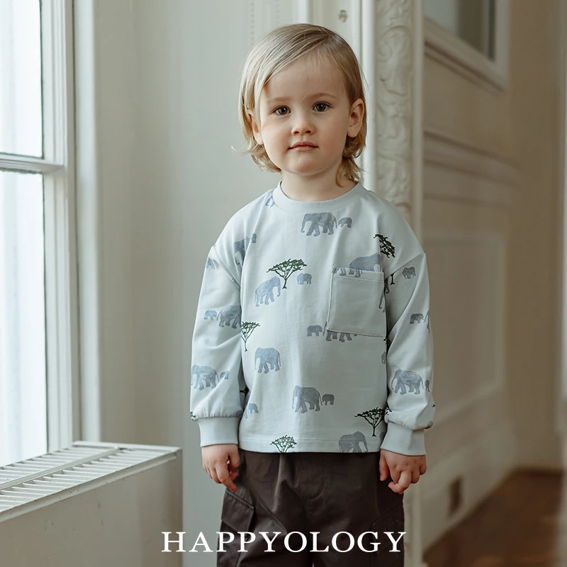 Happyology英国儿童圆领女童罗春秋罗纹弹力童装刺绣长袖男童T恤