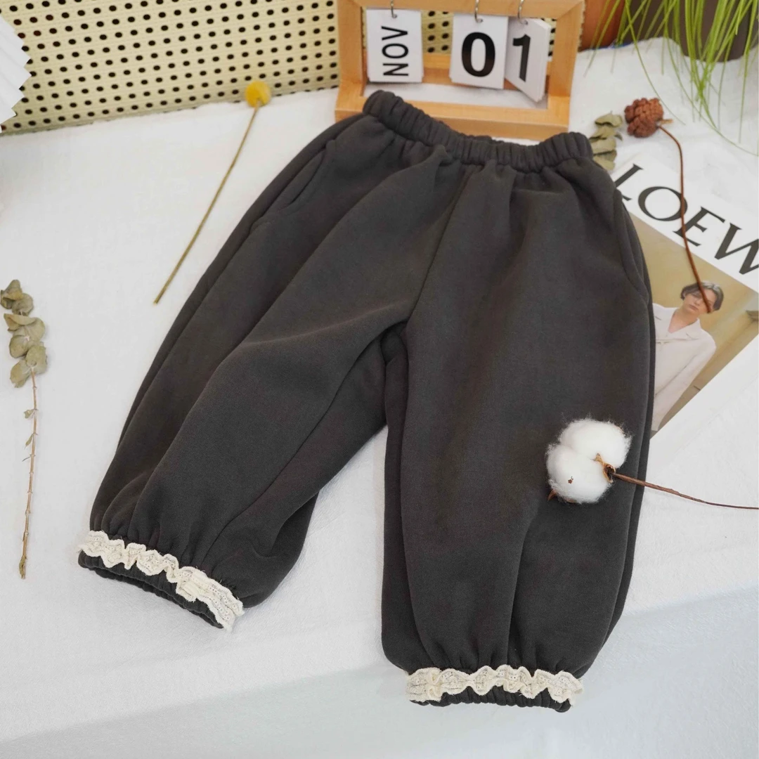 儿童加绒花边裤子2024新款秋冬女宝宝韩版百搭休闲花边加绒休闲裤