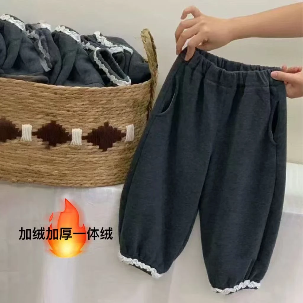 宝宝裤子秋冬款2024款女童秋季百搭花边韩版冬季休闲裤加绒长裤