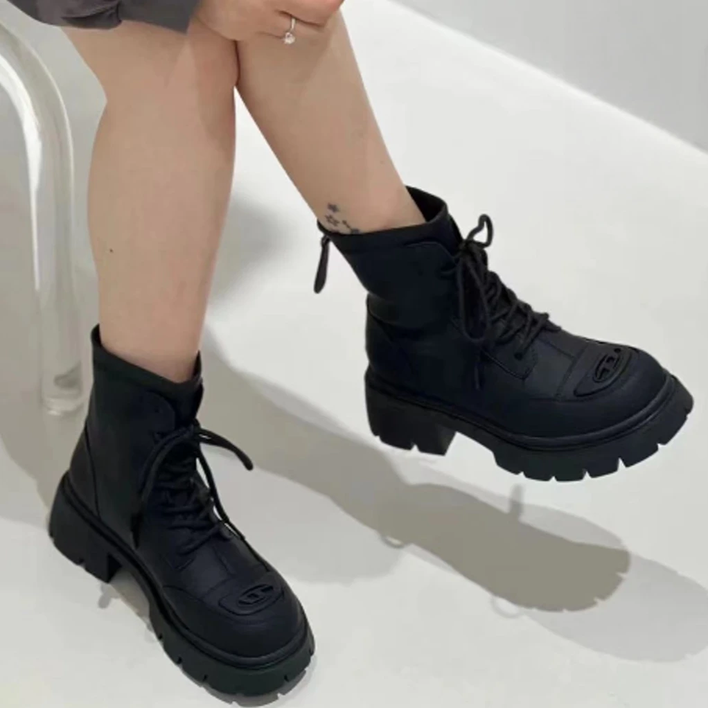 真皮596621时尚瘦瘦靴女鞋百搭圆头弹力靴厚底女士