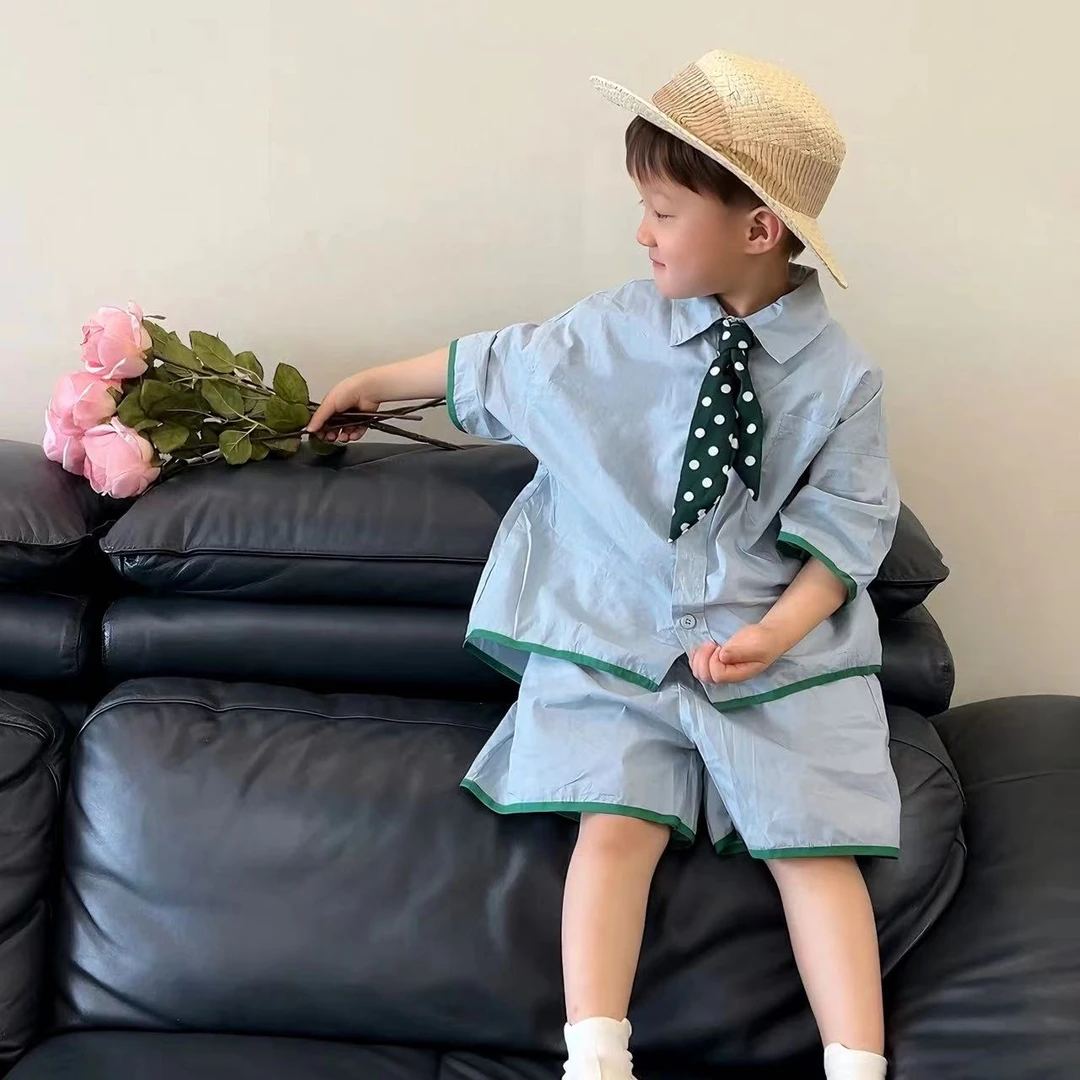 2024夏季新款男女童韩版宽松纯棉时尚百搭洋气短袖衬衫短裤套装