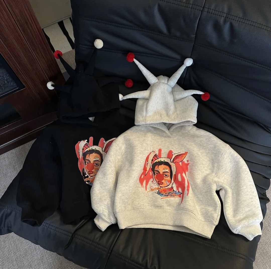2024新款男女童韩版宽松趣味小丑连帽儿童卫衣秋冬印花卡通外套