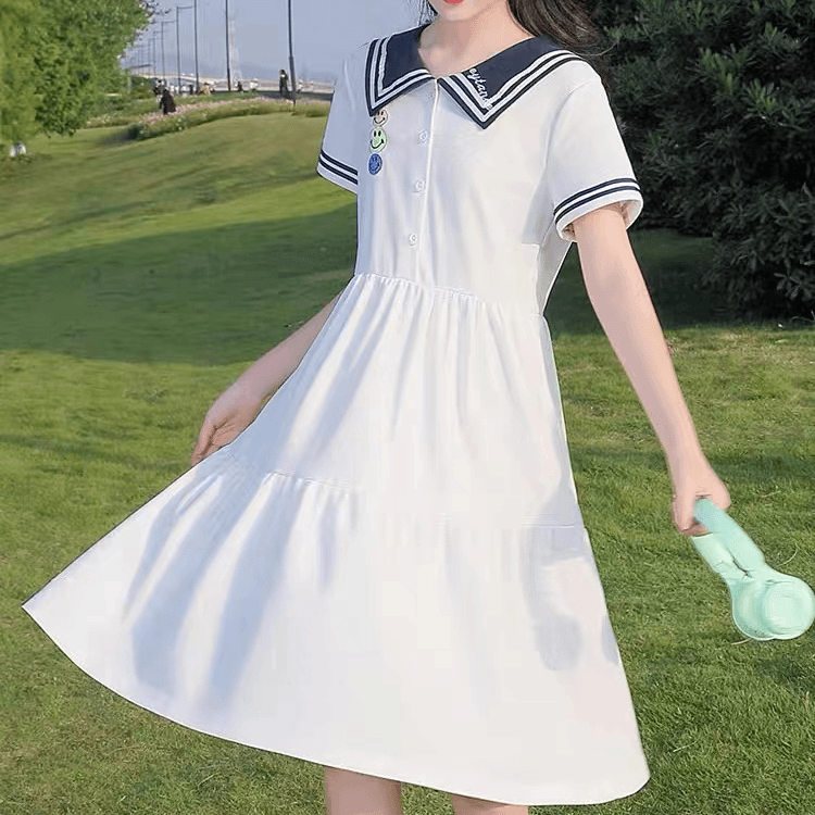 海军风夏季夏装少女长款过膝中学生连衣裙A4-3
