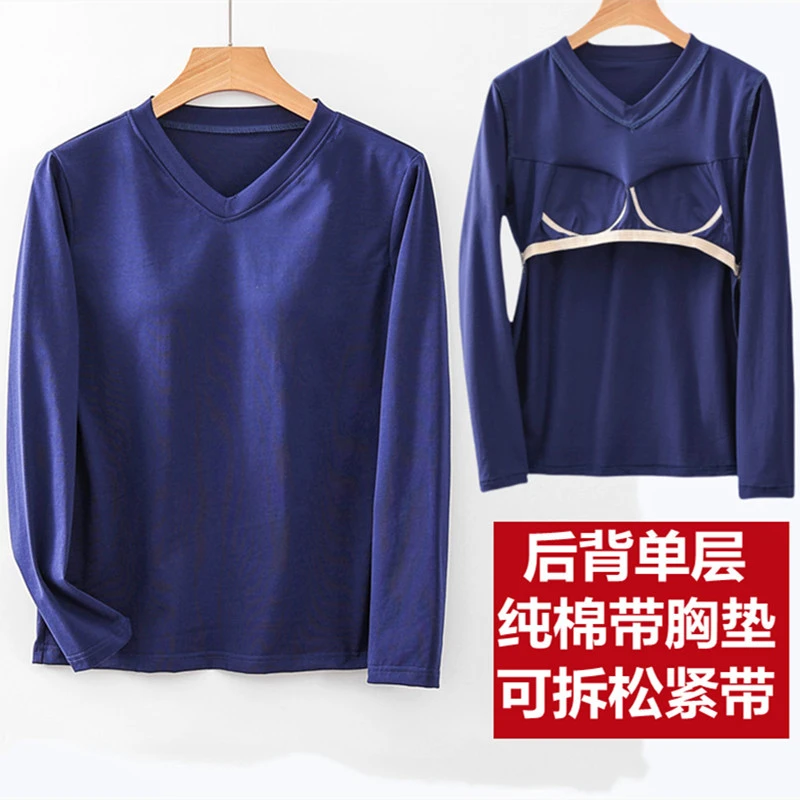 纯棉带胸垫后背单层小V领长袖睡衣可外穿打底鸡心领T恤内衣家居服