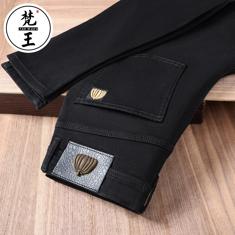 FANWANG/梵王潮流牛仔裤男士修身直筒黑色百搭高档弹力长裤子2610