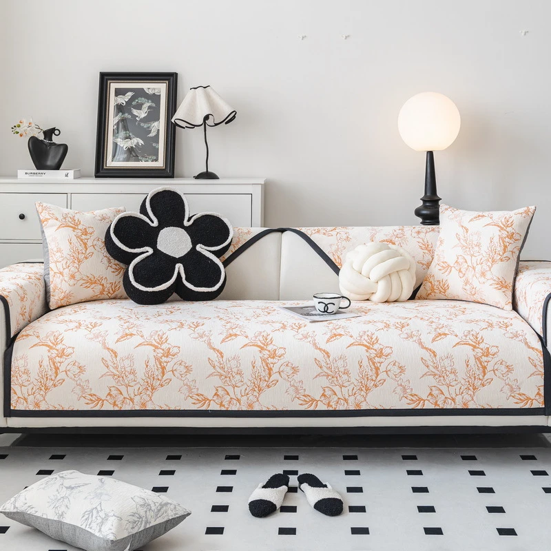 （山茶花开）轻奢简约高级感雪尼尔沙发垫防滑四季通用沙发盖布坐垫