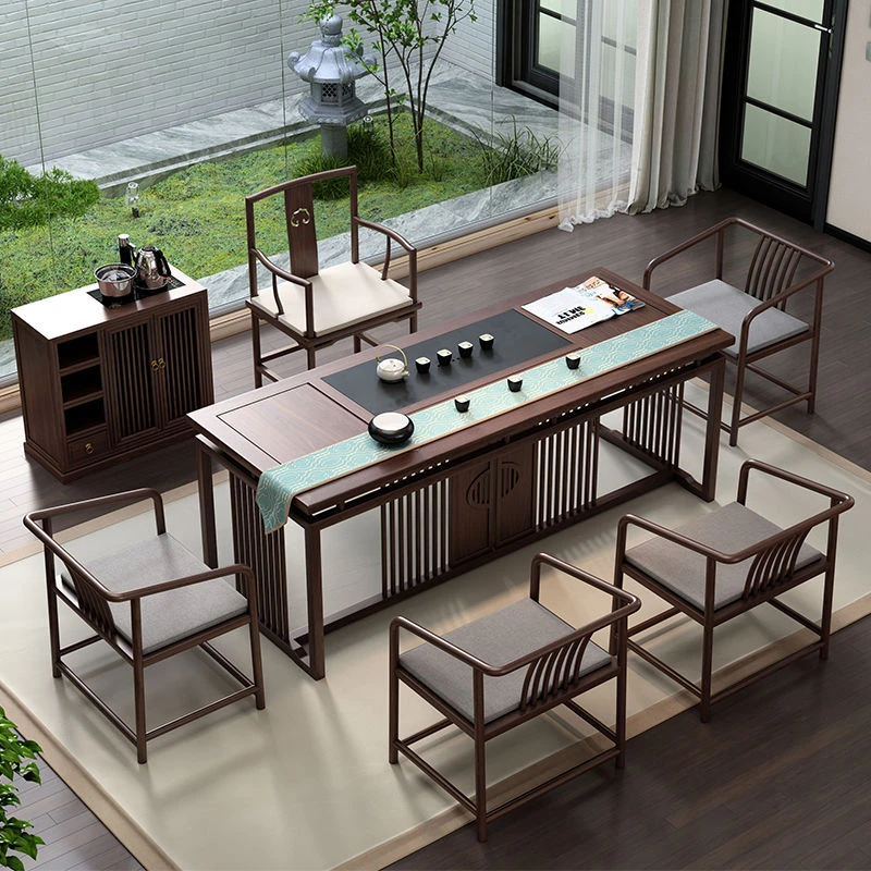 新中式实木茶桌椅组合家具禅意功夫茶台茶室黑胡桃泡茶几一整套