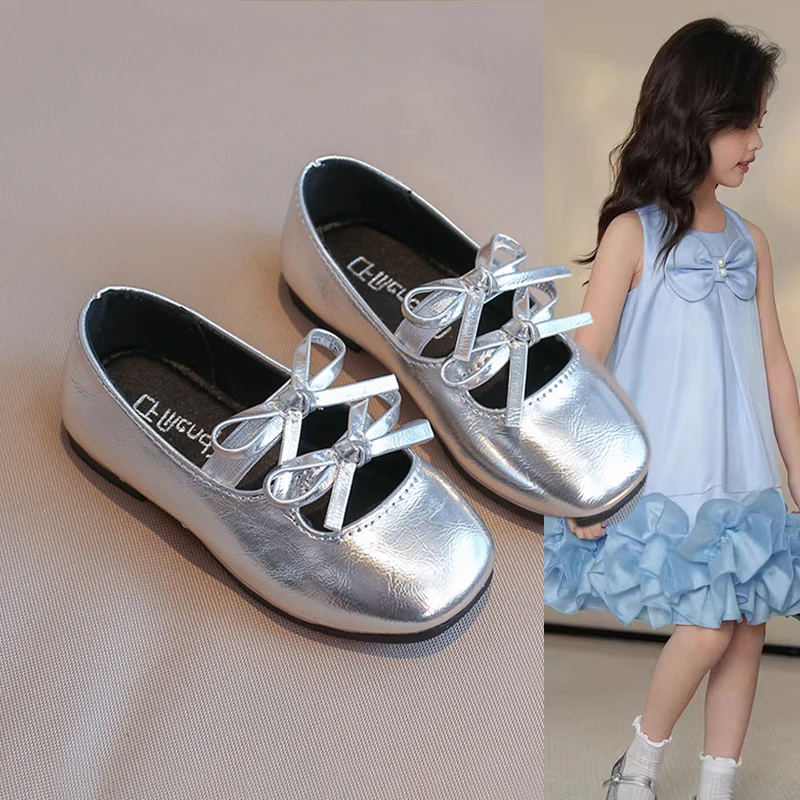 ABC银色小女孩皮鞋2025春季新款透气女童芭蕾舞金色浅口儿童单鞋