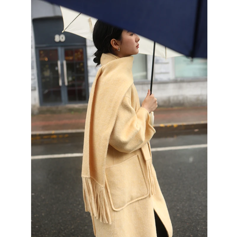 素舶Superscape无领蚕丝兔毛双面呢大衣流苏围巾毛呢外套