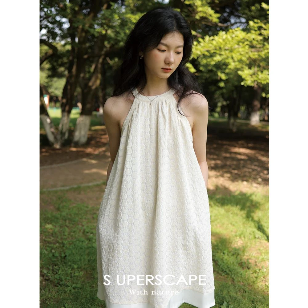 SUPERSCAPE素泊 夏季重工法式挂脖显瘦遮副乳A摆拼接短款连衣裙