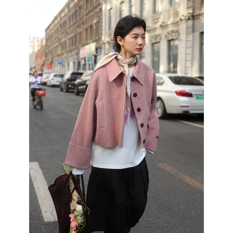 素舶秋冬短款翻领双面呢外套宽松百搭设计感羊毛呢大衣