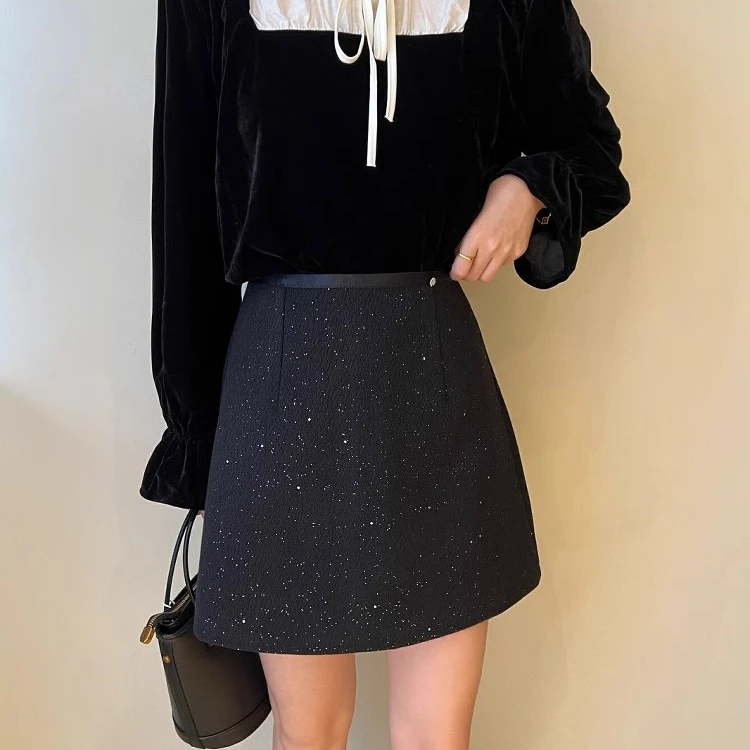 2024新款复古百搭高腰亮片半身裙女秋冬季小香风毛呢a字包臀短裙