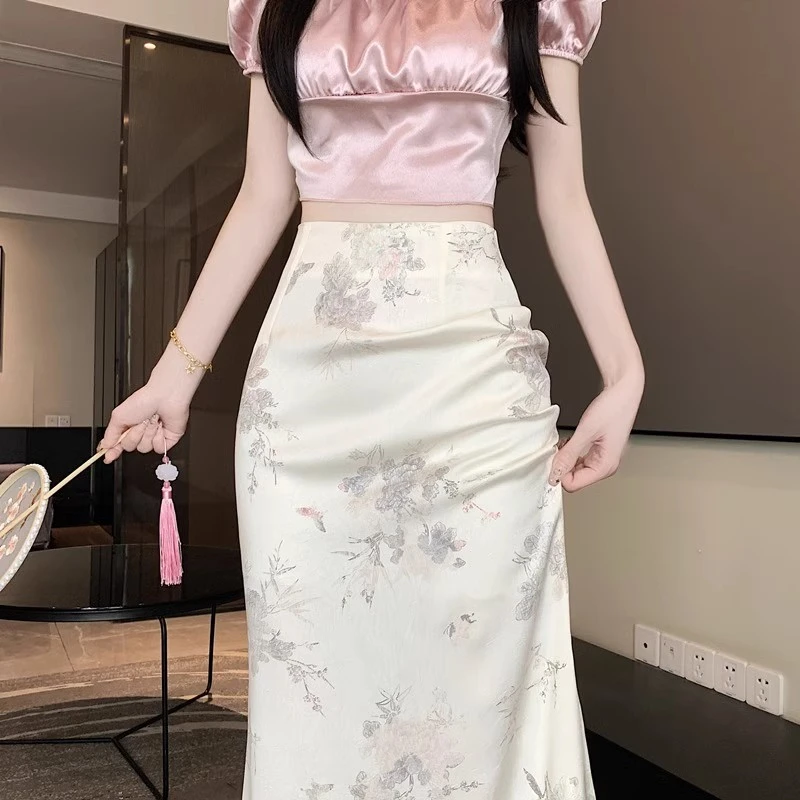 国风长裙高级缎面印花鱼尾裙女夏季气质包臀新中式半身裙设计感