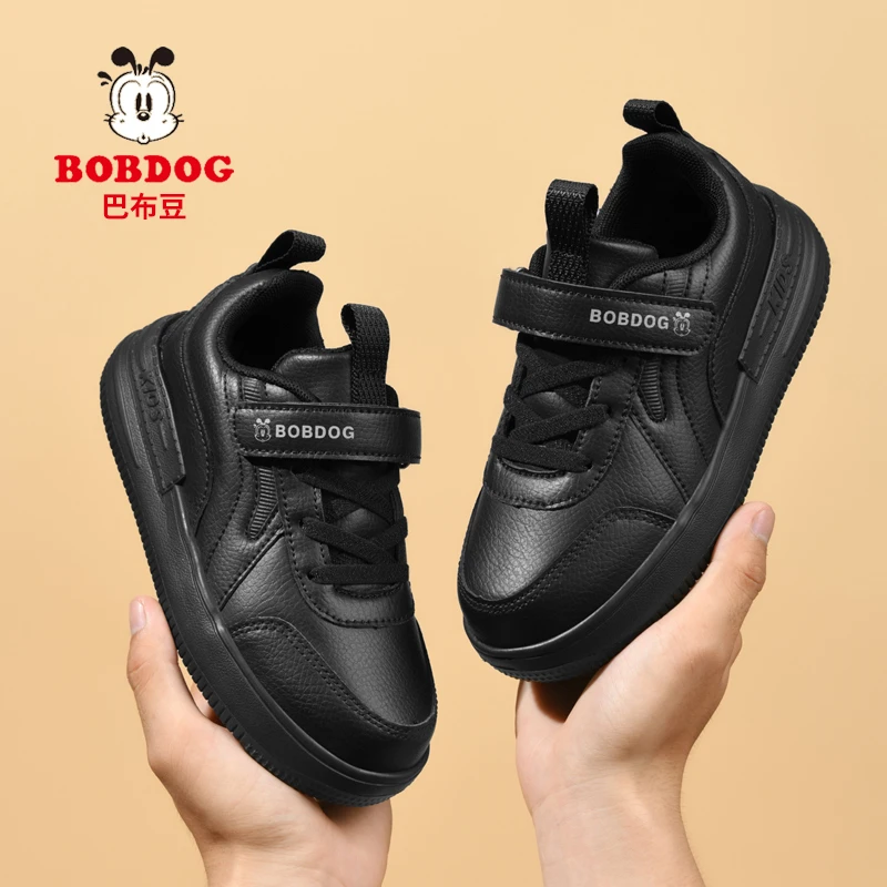 巴布豆男女童小黑鞋秋冬季皮面防水儿童男孩子中大童女童黑色板鞋