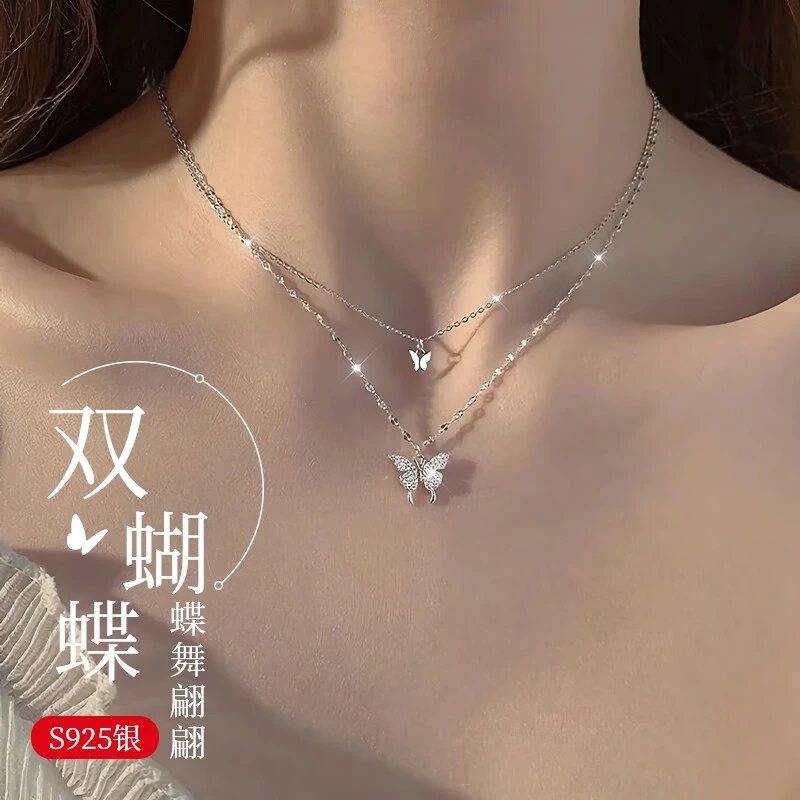 坠链均925银 s925纯银双蝴蝶项链女款超仙精致生日新年礼物送女友