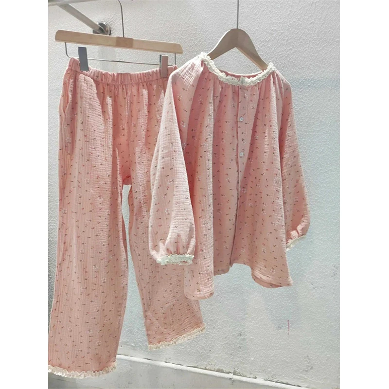甜美少女碎花双层粉色睡衣女秋冬新款冬季长裤大码长袖家居服套装